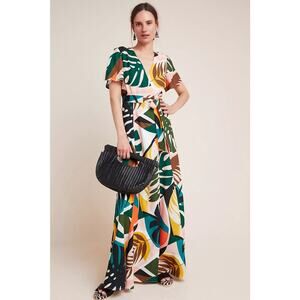 Anthropologie Hutch Kiera Tropical Maxi Wrap Dress Short Sleeve Floral Sz Medium